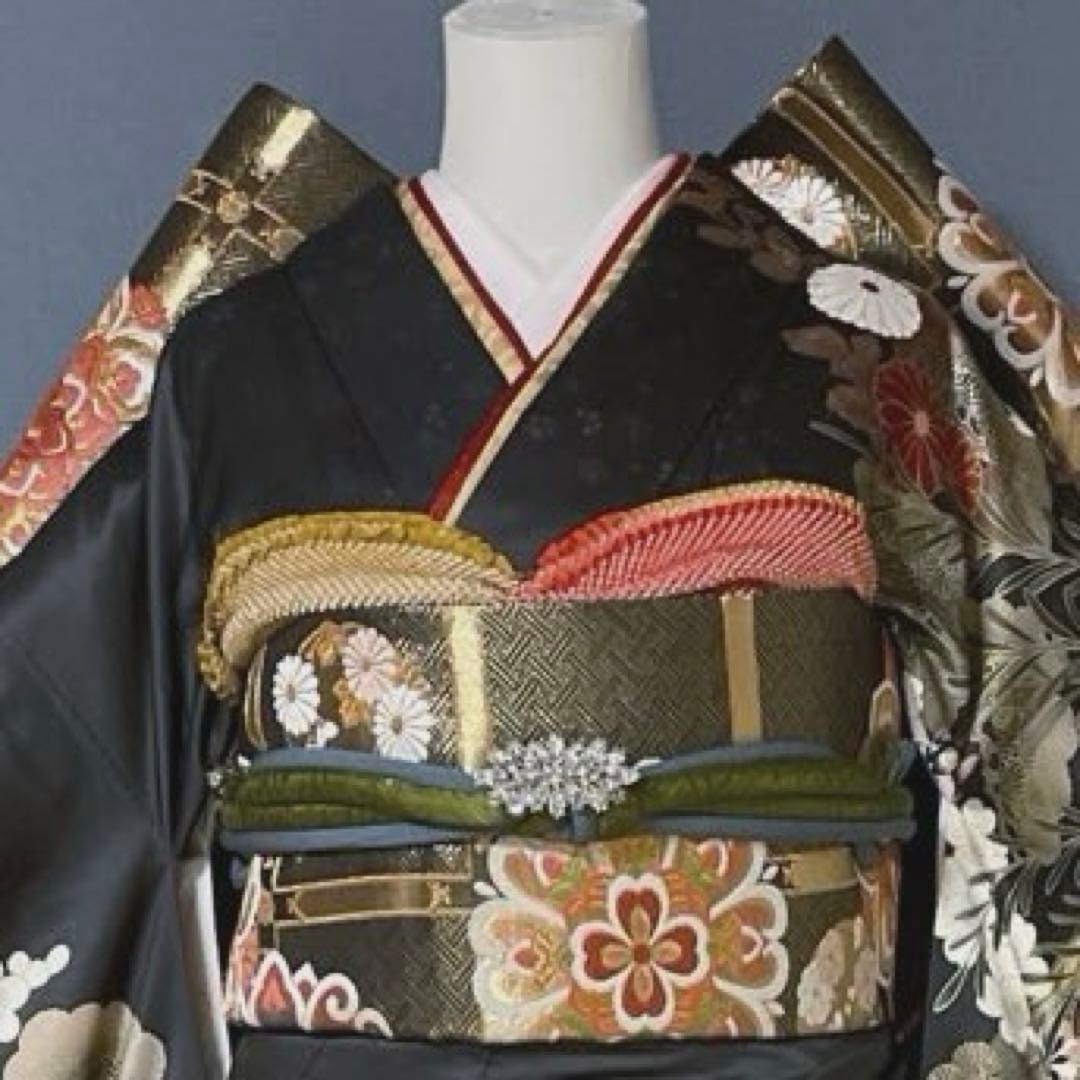 振袖フルセット　手描き友禅　成人式振袖　振袖　裄丈69 灰色　➕サイズ