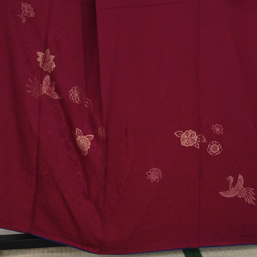 未使用　山本 寛斎　金彩　華喰鳥　正絹振袖　ワインレッド　袴　卒業式　b119