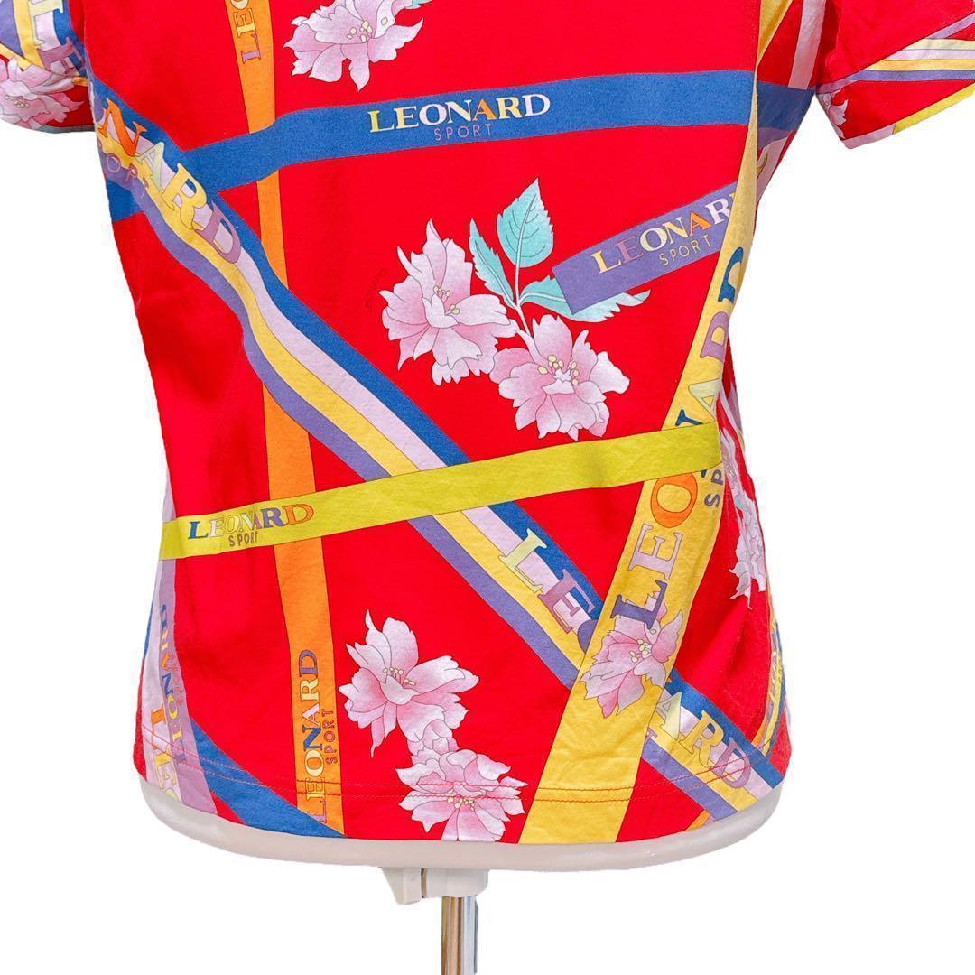 【美品】レオナール（XL）半袖ポロシャツ/花柄/ゴルフウェア/ハーフジップ