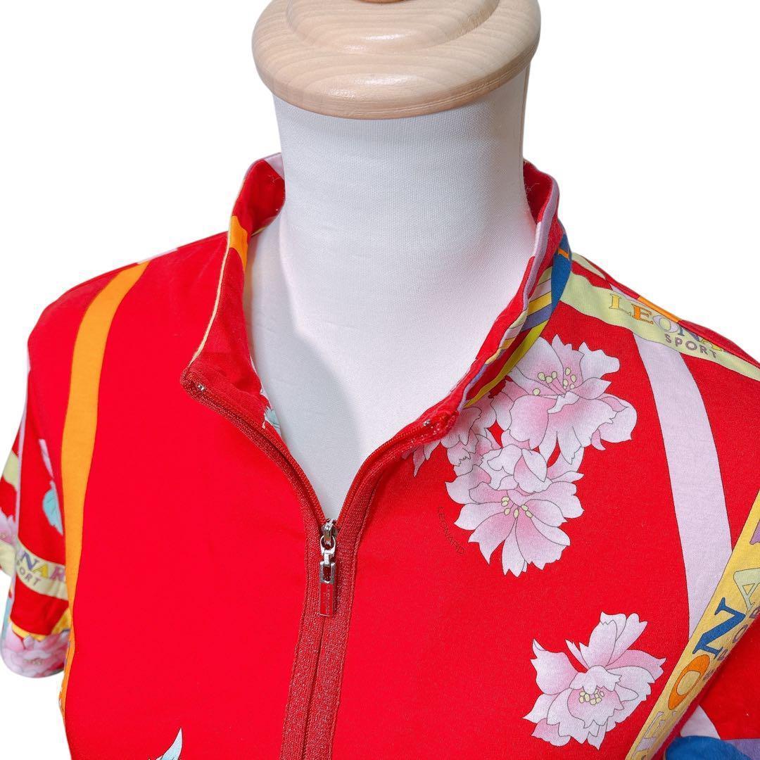 【美品】レオナール（XL）半袖ポロシャツ/花柄/ゴルフウェア/ハーフジップ