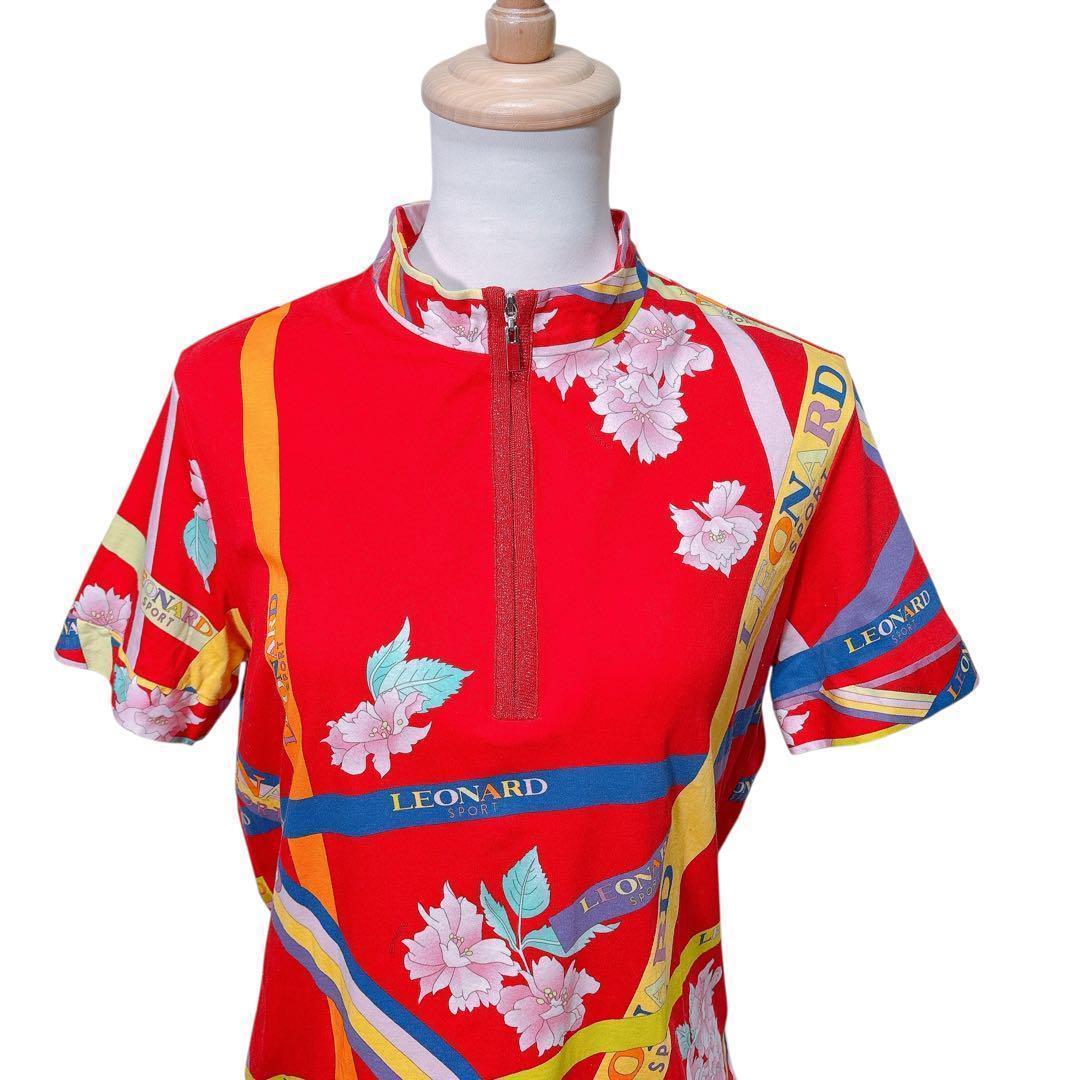 【美品】レオナール（XL）半袖ポロシャツ/花柄/ゴルフウェア/ハーフジップ