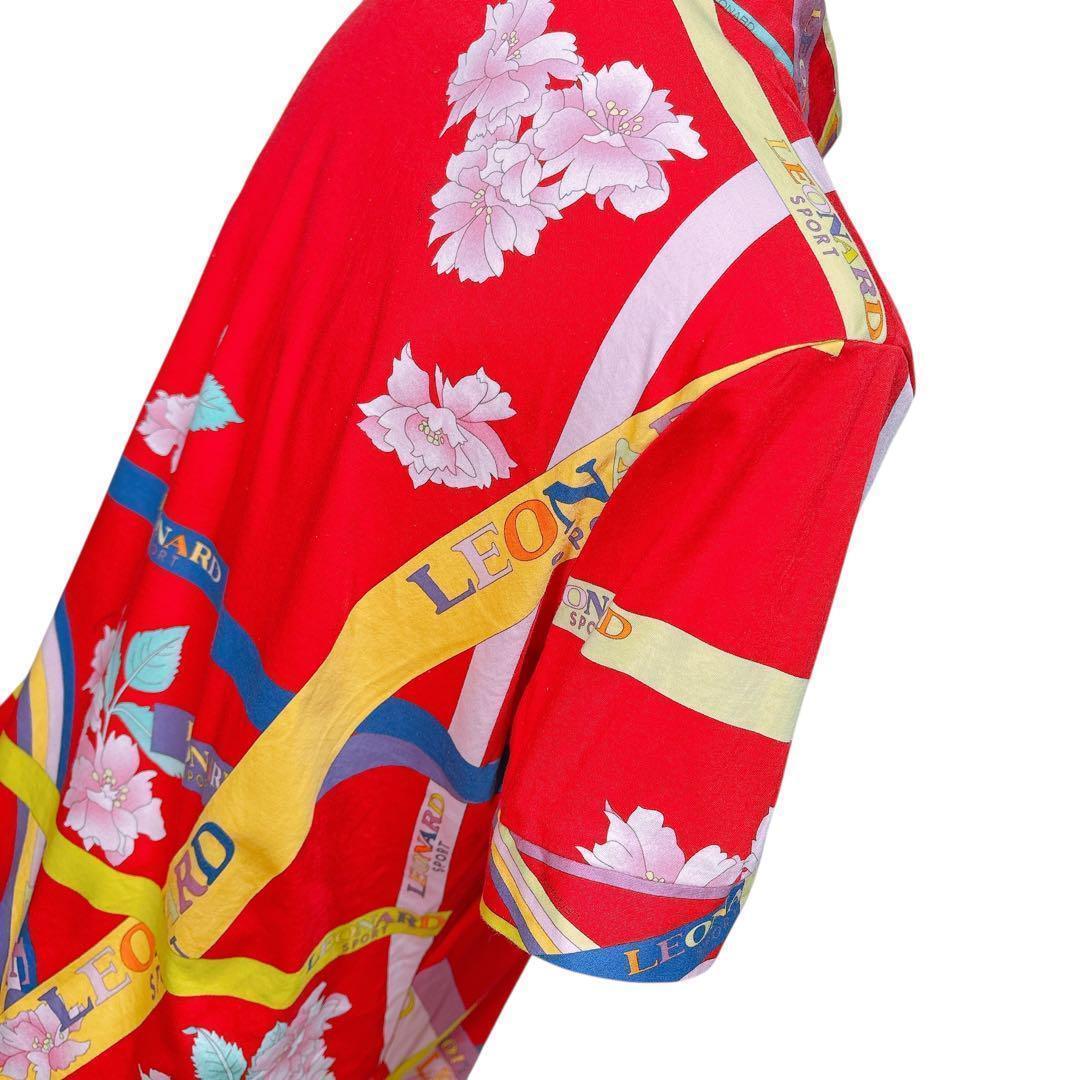【美品】レオナール（XL）半袖ポロシャツ/花柄/ゴルフウェア/ハーフジップ