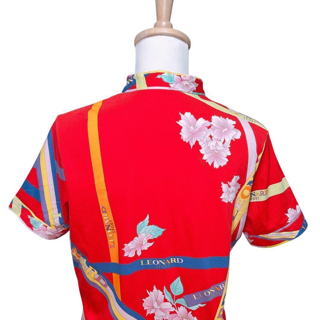 【美品】レオナール（XL）半袖ポロシャツ/花柄/ゴルフウェア/ハーフジップ