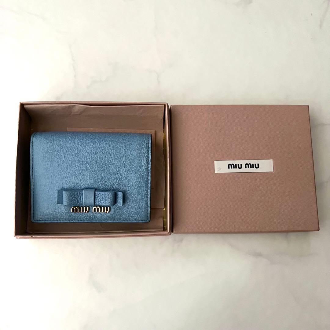 miumiu 折り財布 ブルー リボン 水色 ブルー レザー 箱付 ギャランティ