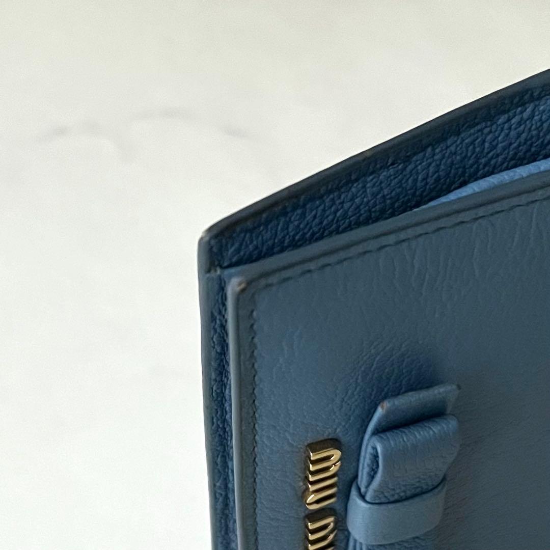 miumiu 折り財布 ブルー リボン 水色 ブルー レザー 箱付 ギャランティ