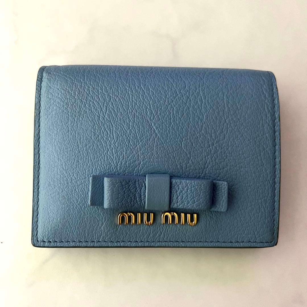 miumiu 折り財布 ブルー リボン 水色 ブルー レザー 箱付 ギャランティ