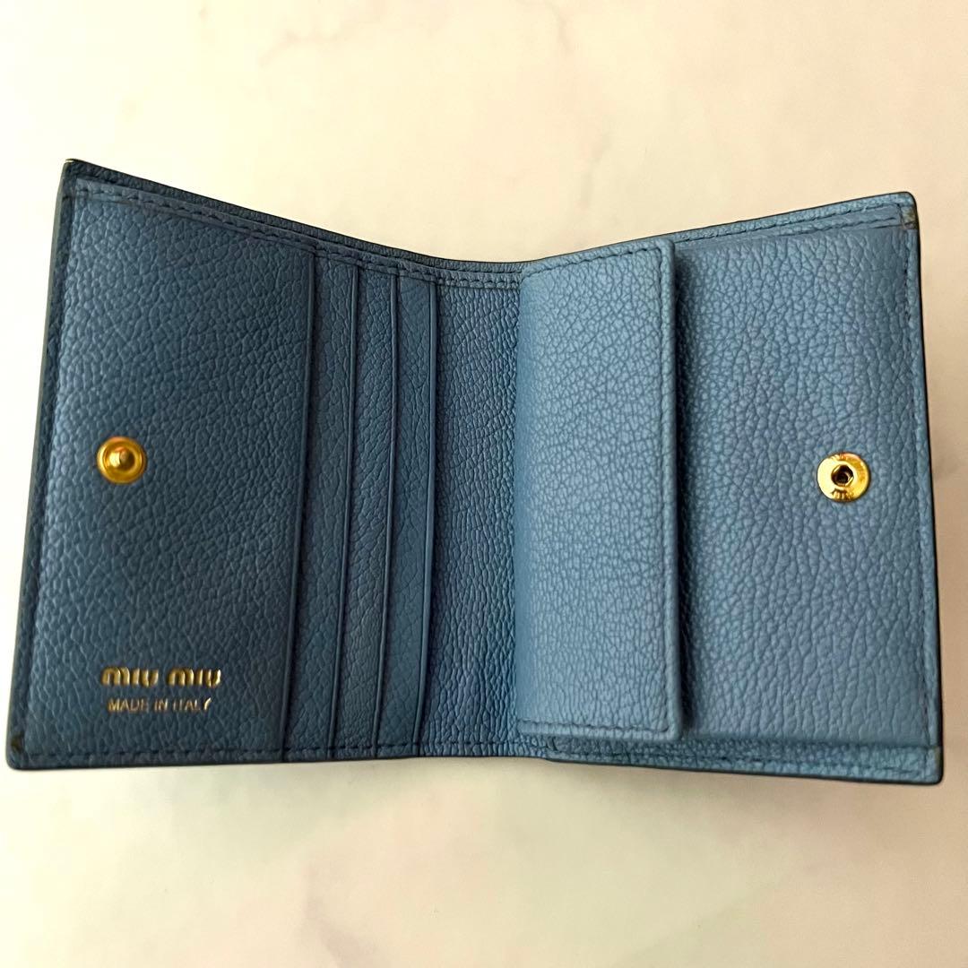 miumiu 折り財布 ブルー リボン 水色 ブルー レザー 箱付 ギャランティ