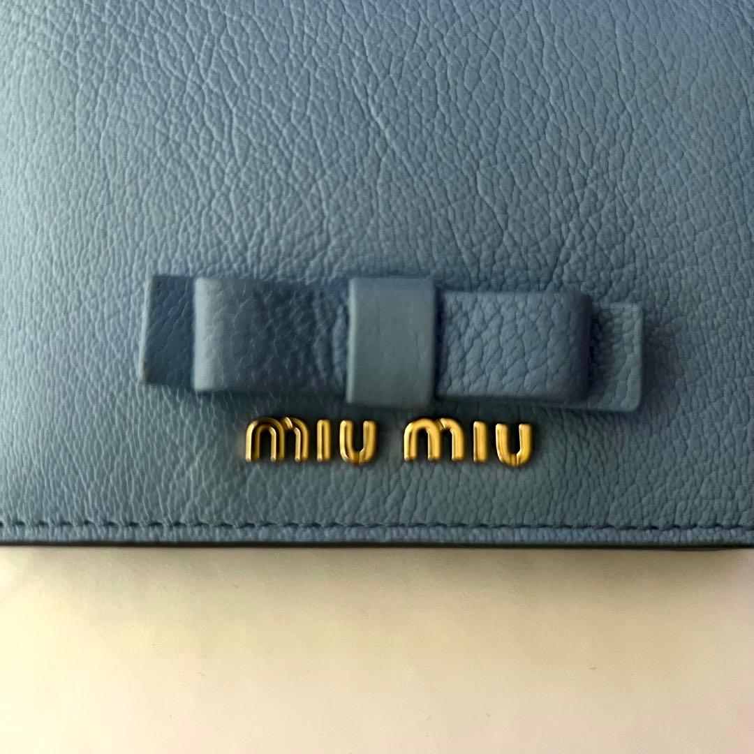 miumiu 折り財布 ブルー リボン 水色 ブルー レザー 箱付 ギャランティ