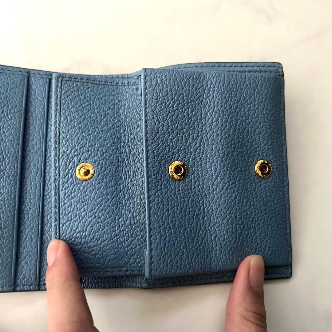 miumiu 折り財布 ブルー リボン 水色 ブルー レザー 箱付 ギャランティ