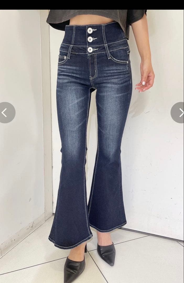 ジェイダ　ハイウエストBACKクロスフレアパンツ　インディゴ　M