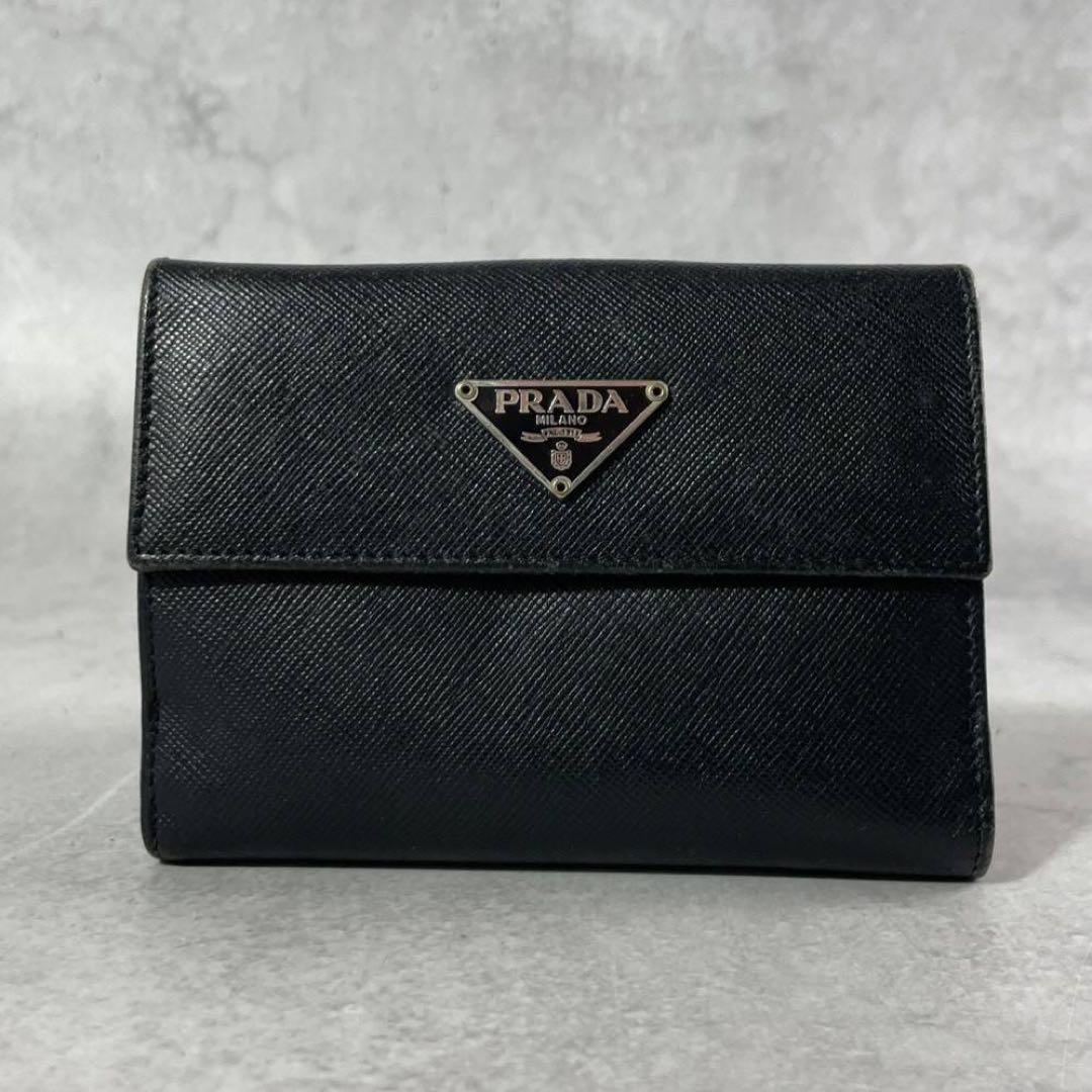 【良品】PRADA プラダ サフィアーノ トライアングル　三つ折り財布 ブラック