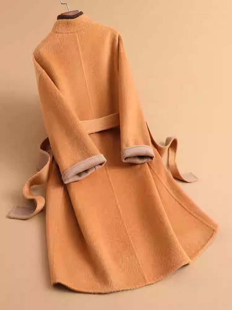 【新品】カシミヤ ロングコートダブルフェイス ウール オレンジ ベルト付き M
