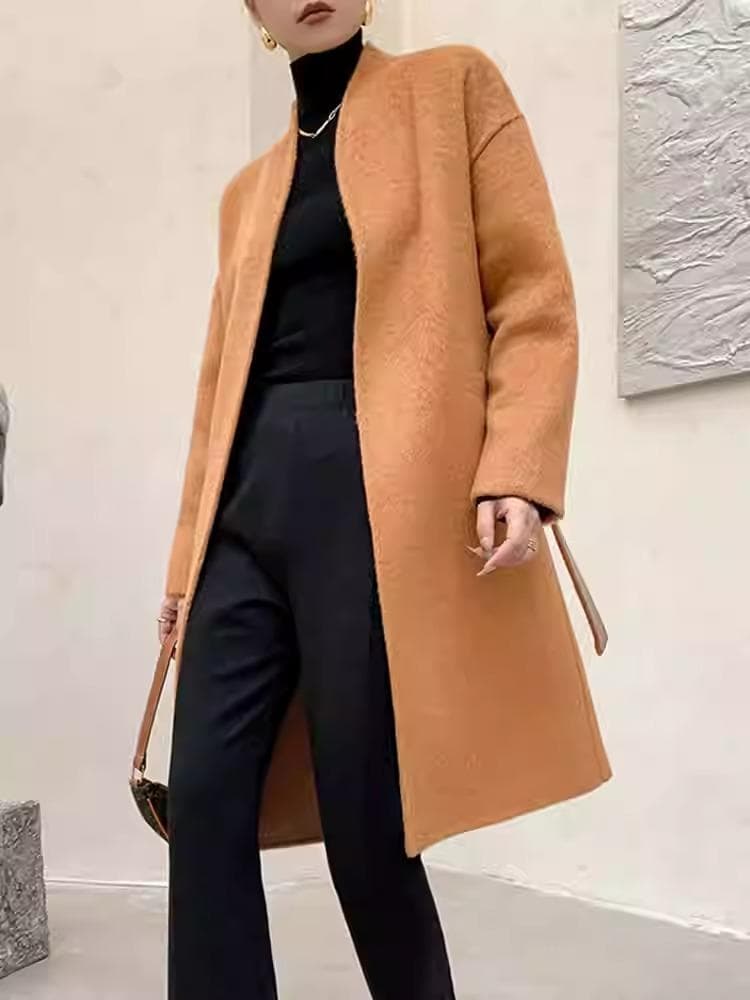 【新品】カシミヤ ロングコートダブルフェイス ウール オレンジ ベルト付き M