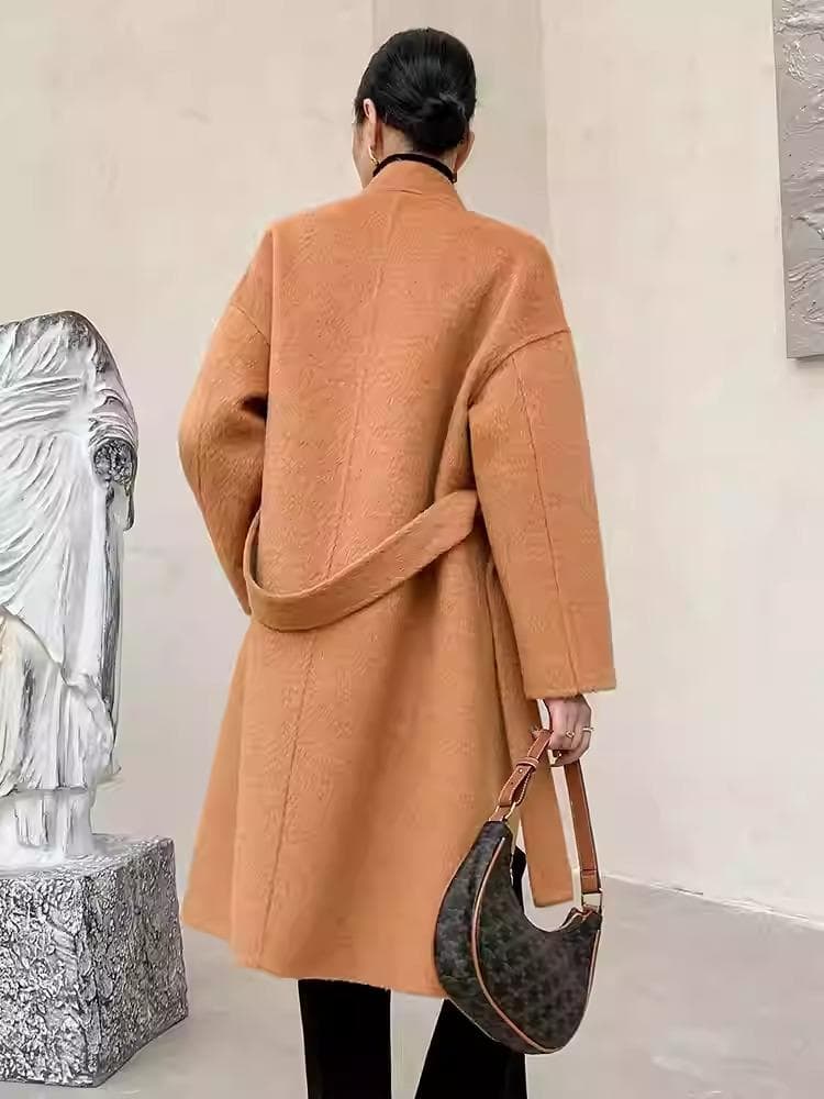 【新品】カシミヤ ロングコートダブルフェイス ウール オレンジ ベルト付き M