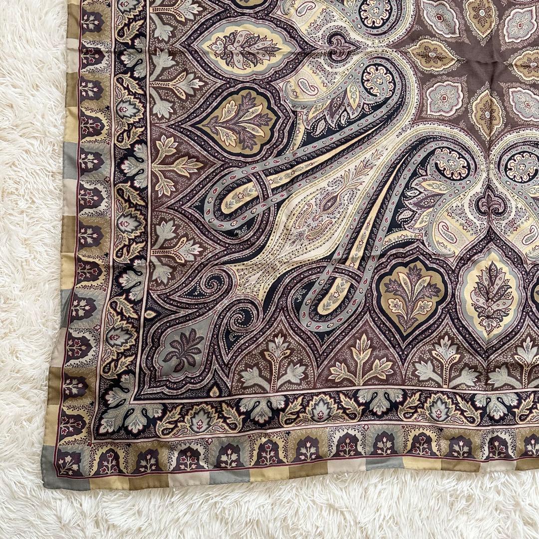 エトロ ペイズリー柄 大判スカーフ ウール シルク イタリア製 ブラウン系