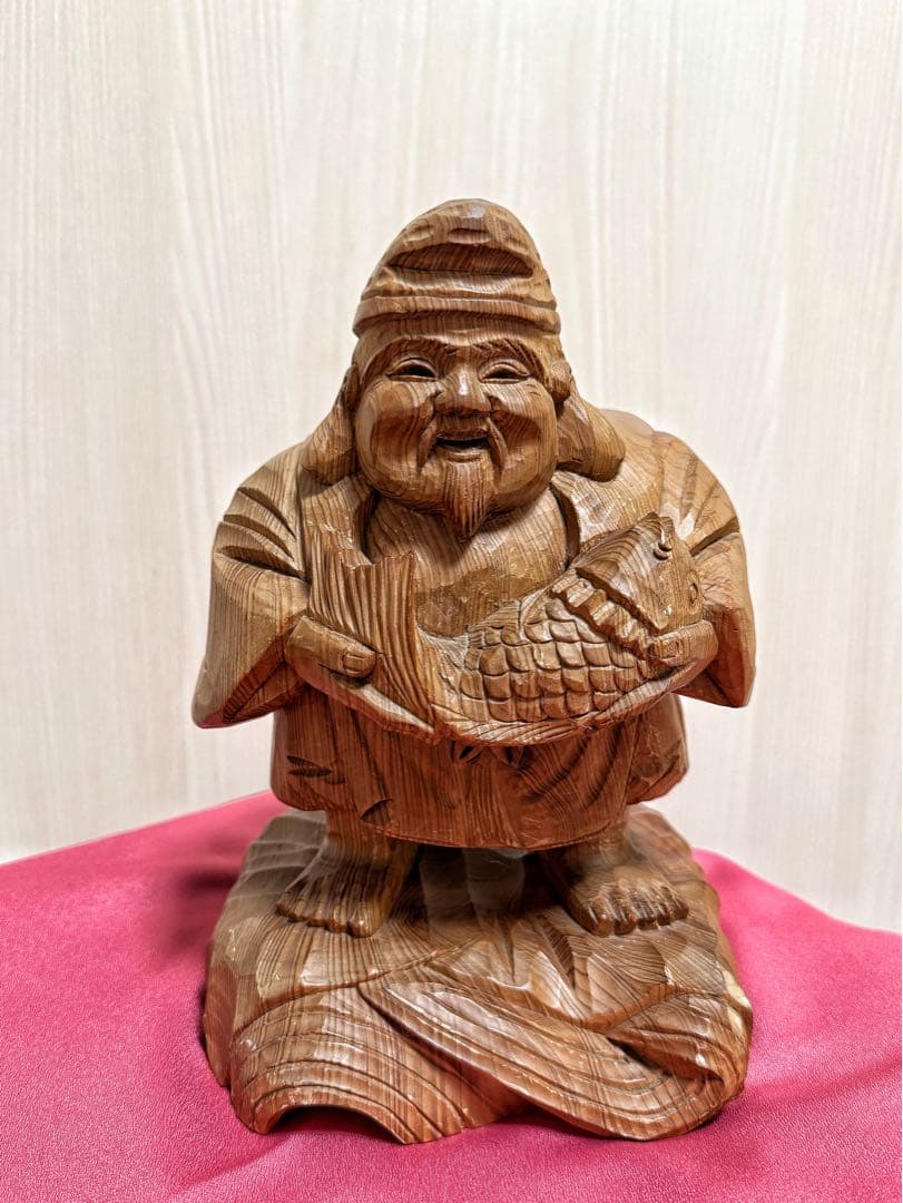 【美品】恵比寿像 七福神 木彫 仏像 彫刻 開運 置物 アンティーク インテリア