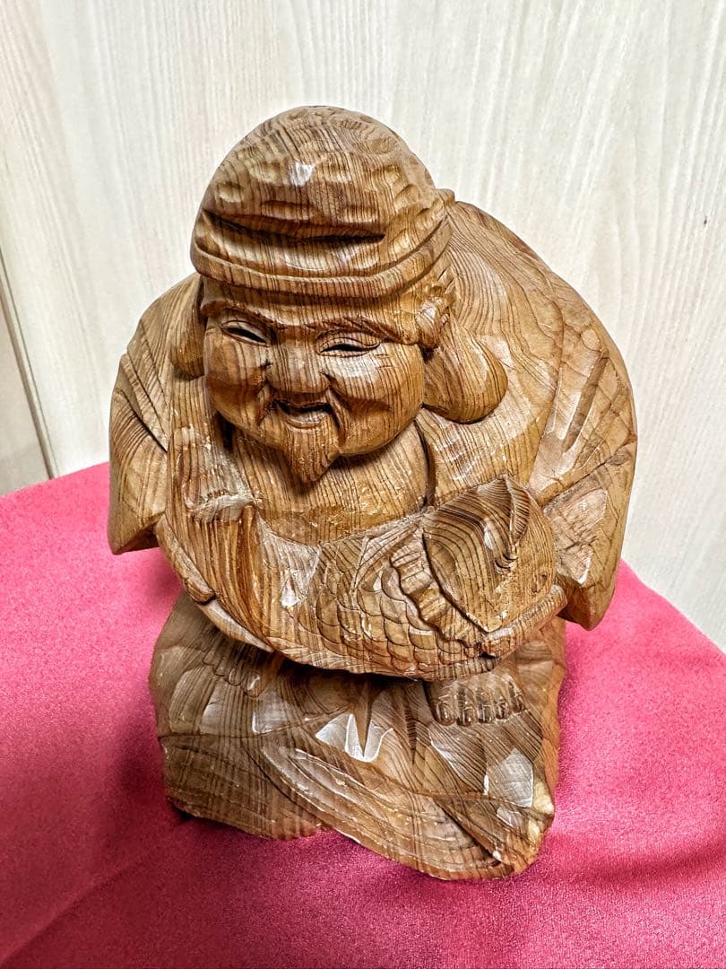 【美品】恵比寿像 七福神 木彫 仏像 彫刻 開運 置物 アンティーク インテリア