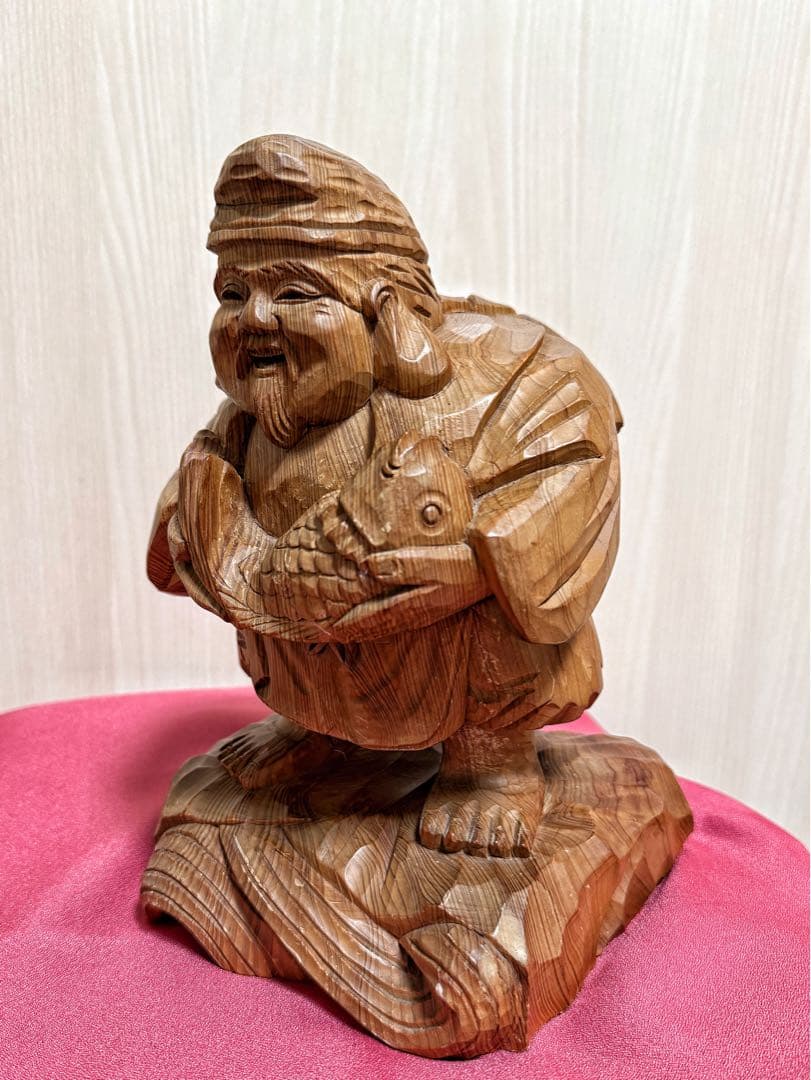 【美品】恵比寿像 七福神 木彫 仏像 彫刻 開運 置物 アンティーク インテリア