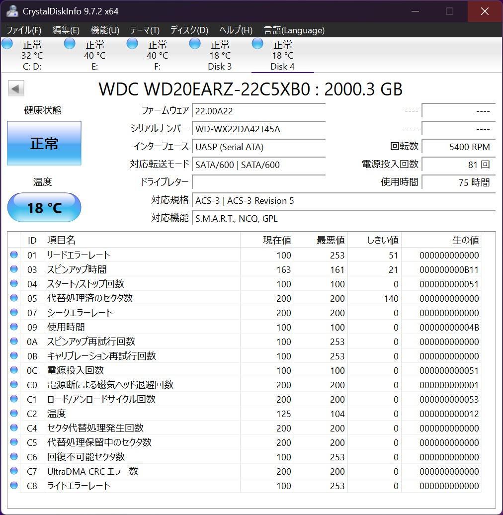 新近 WD20EARZ 2TB HDD 2024年製造 使用時間75時間