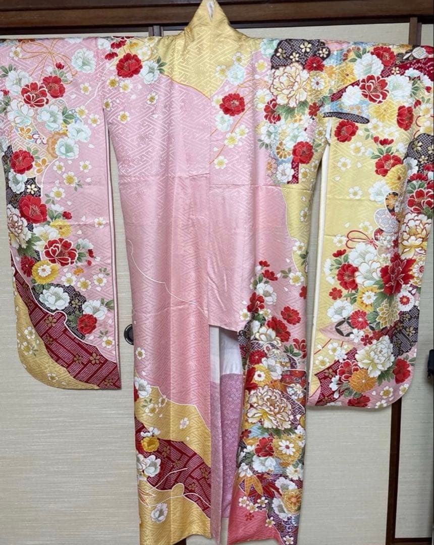 ピンク 華文 牡丹 菊 振袖 身丈151