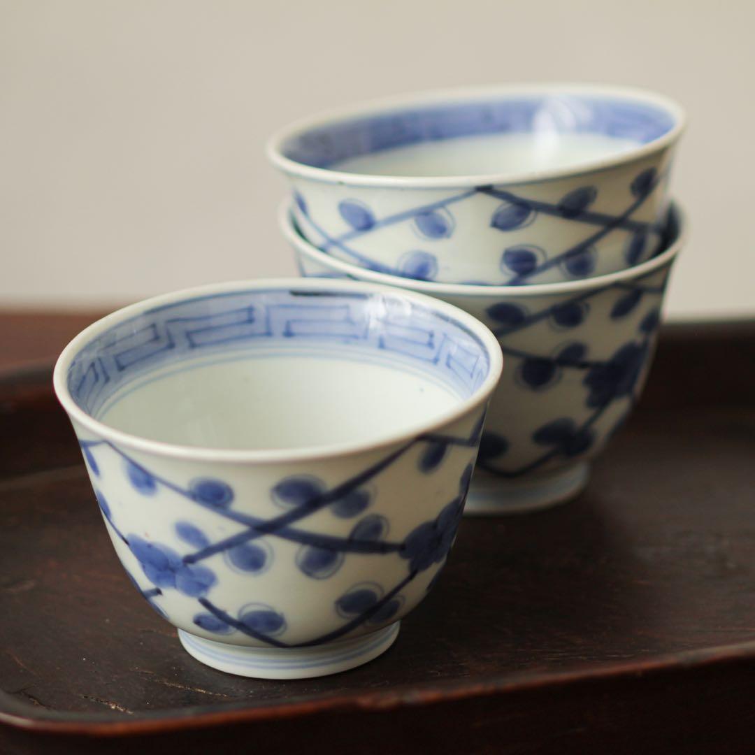 古伊万里　伊万里　江戸　後期　幕末　梅　向付　茶器　煎茶碗　染付　3客セット
