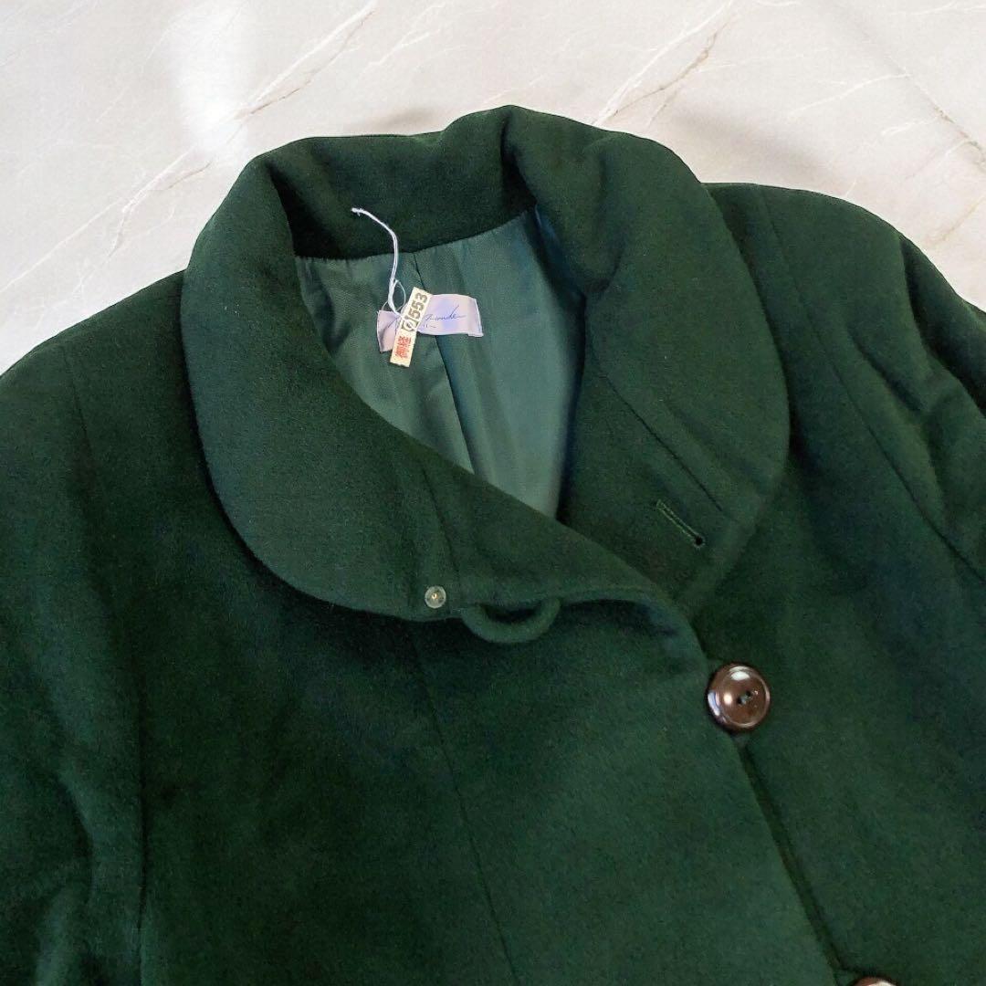 冬服　アンゴラ100% ステンカラー　ロングコート　暖かい　ジャケット　緑　襟