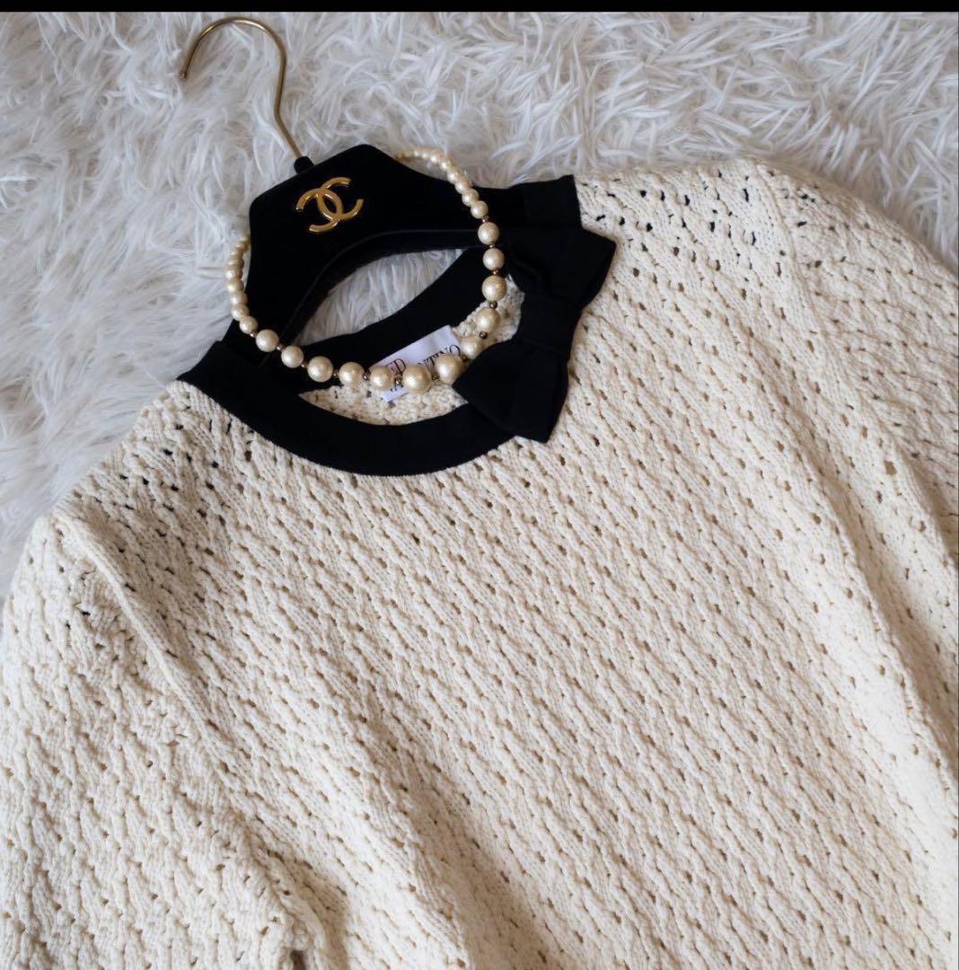 RED VALENTINO サマーニットワンピース 半袖 膝丈 リボン 白 M