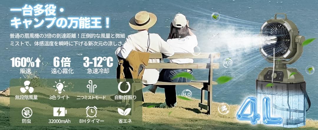 サーキュレーター ミスト加湿機能付 扇風機 充電式大容量 自動首振り　限定１個