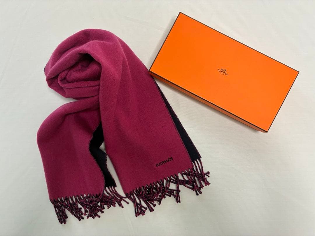 エルメス カシミヤ100% マフラー ボルドー×ネイビー 美品