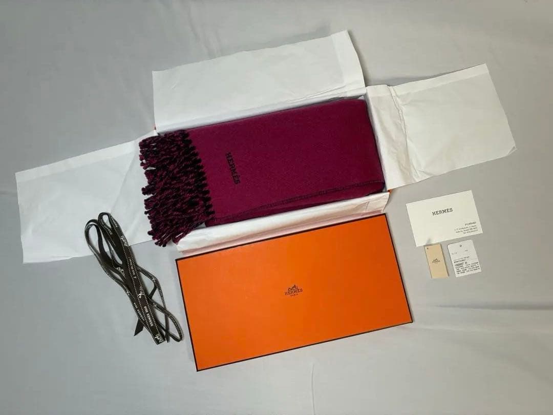 エルメス カシミヤ100% マフラー ボルドー×ネイビー 美品