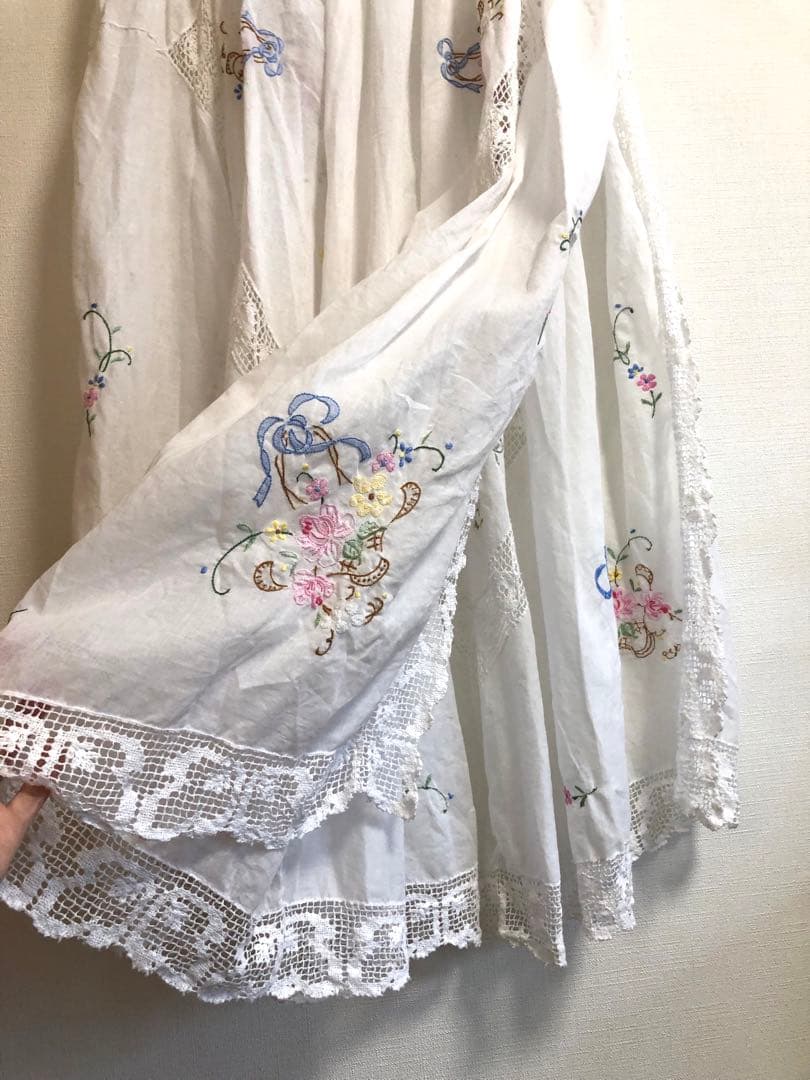 リメイク　テーブルクロススカート　ロングレーススカート　ベアトップワンピース