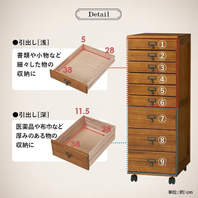 【送料無料・新品】天然木北欧風★マルチ書類多段ワイドチェスト9段【キャスター付】