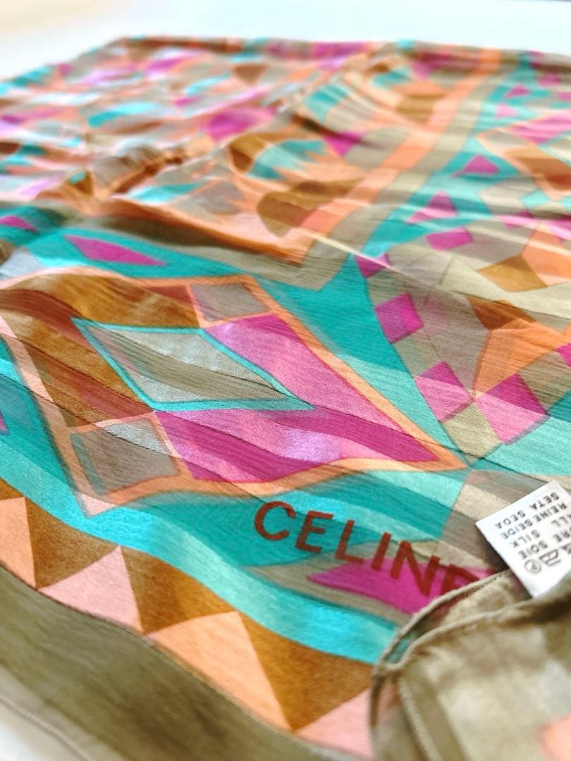 【超希少】CELINE オールドセリーヌ 美品 シルク 大判ストール 幾何学模様