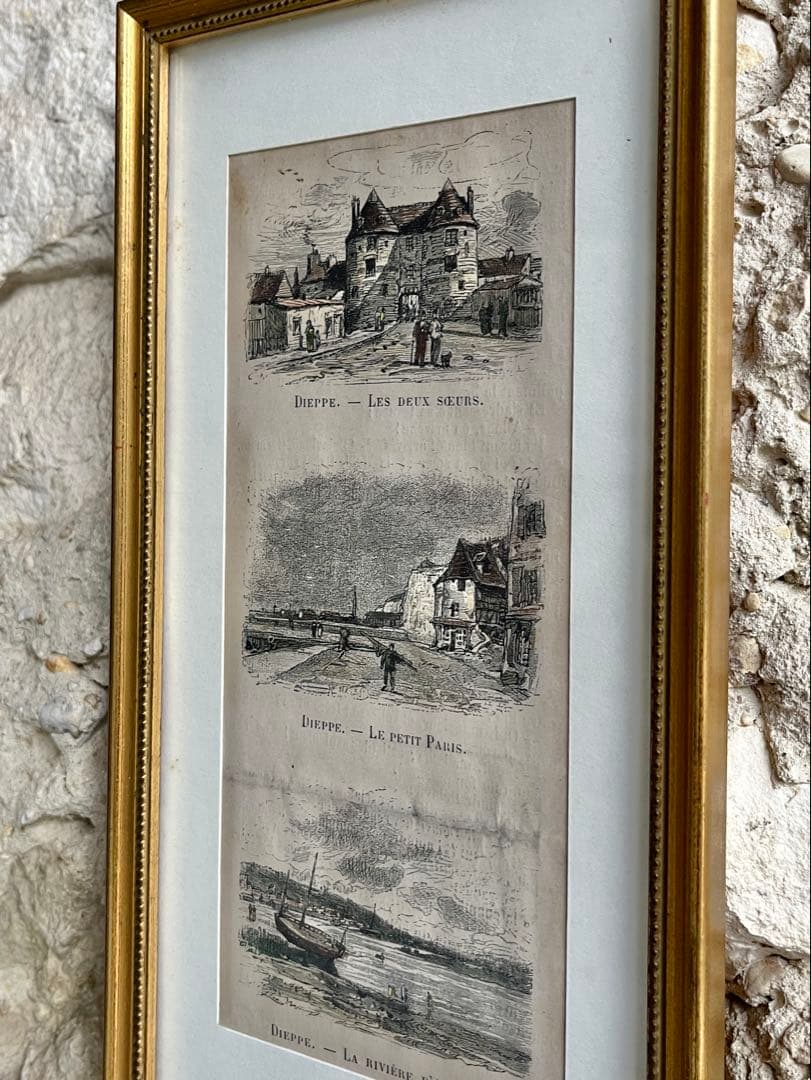 ◆SALEフランスアンティーク｜版画田舎の暮らし風景ノルマンディー絵画額、壁掛け