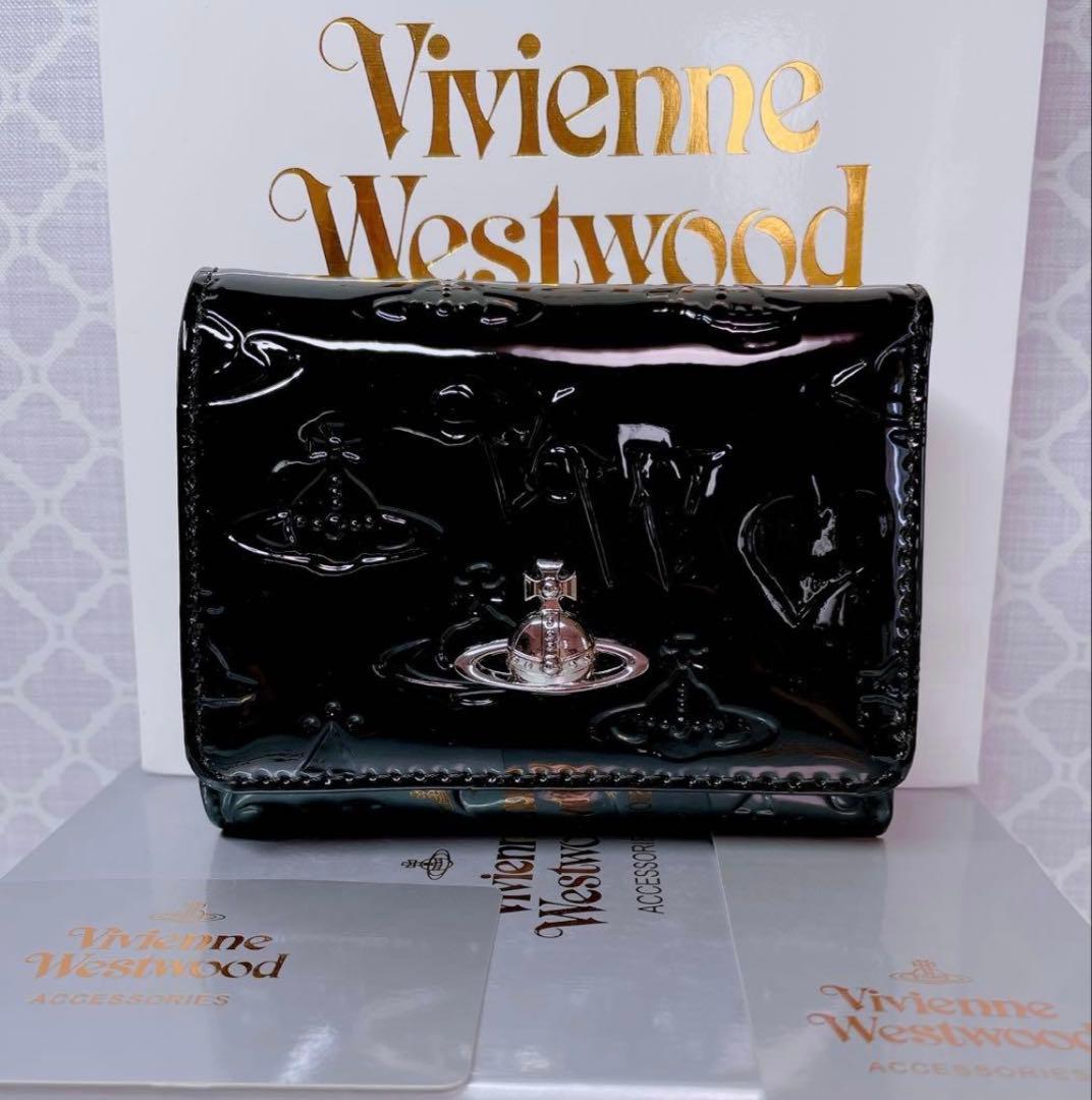 【内側に素敵な柄♡】Vivienne Westwood 折財布 エナメル黒