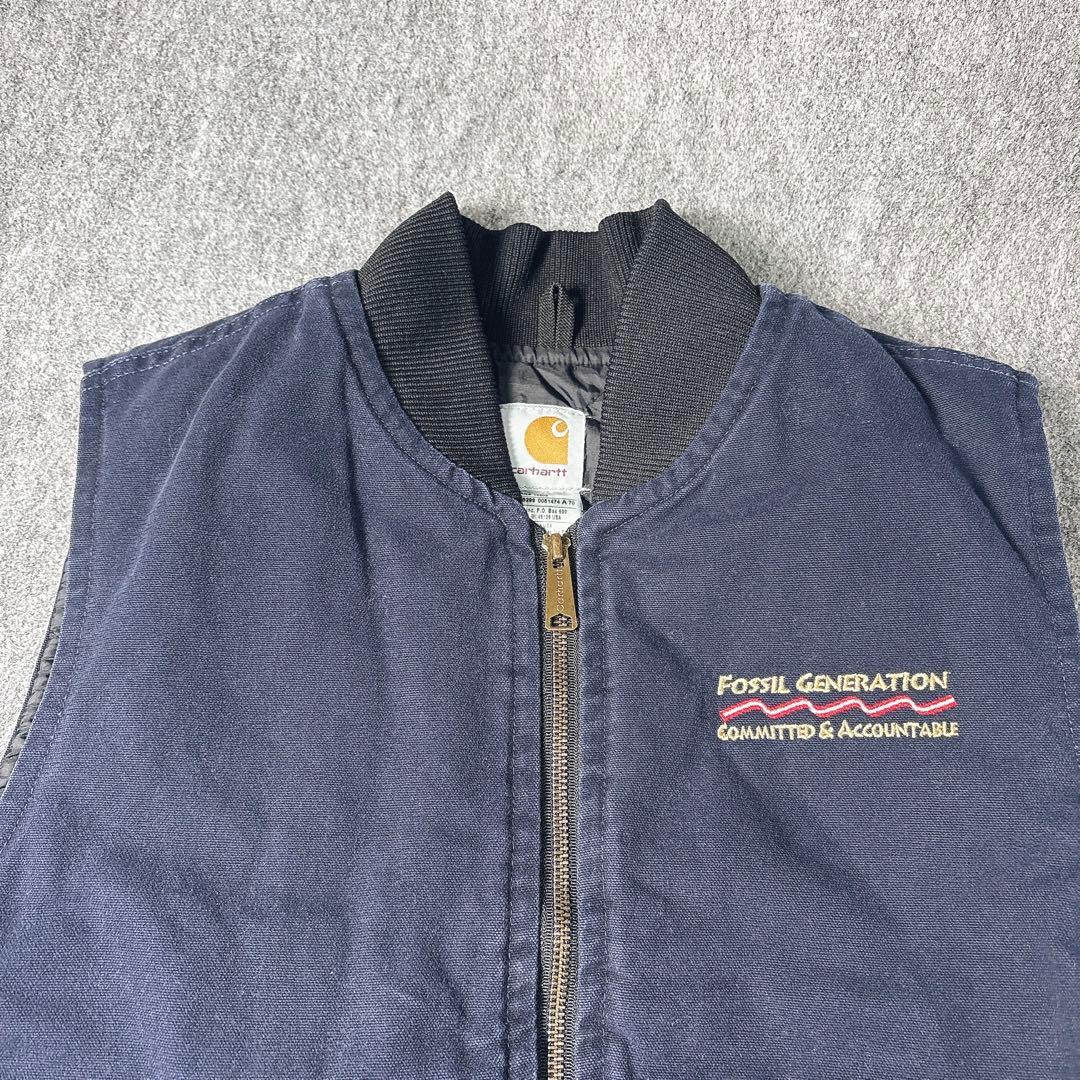 00s USA製 Carhartt 中綿ベスト 企業ロゴ刺繍 ネイビー M L