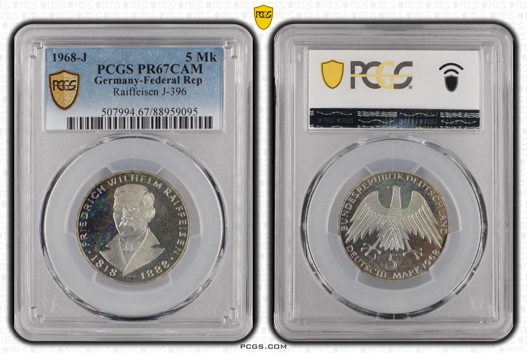 PCGS PR67CAM ドイツ連邦 1968-J 5M銀貨 ライファイゼン