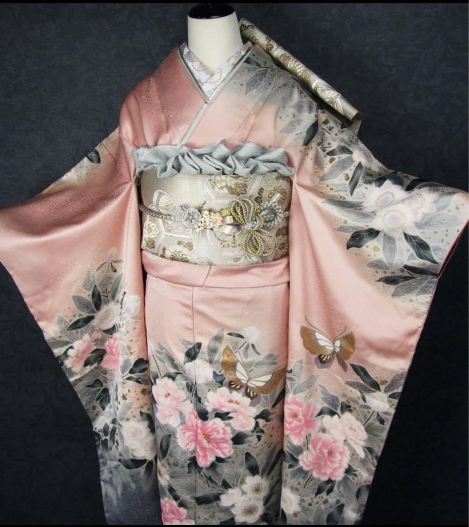 牡丹花蝶文　暈し染め　刺繍　金彩　振袖フルセット ピンク 桃色