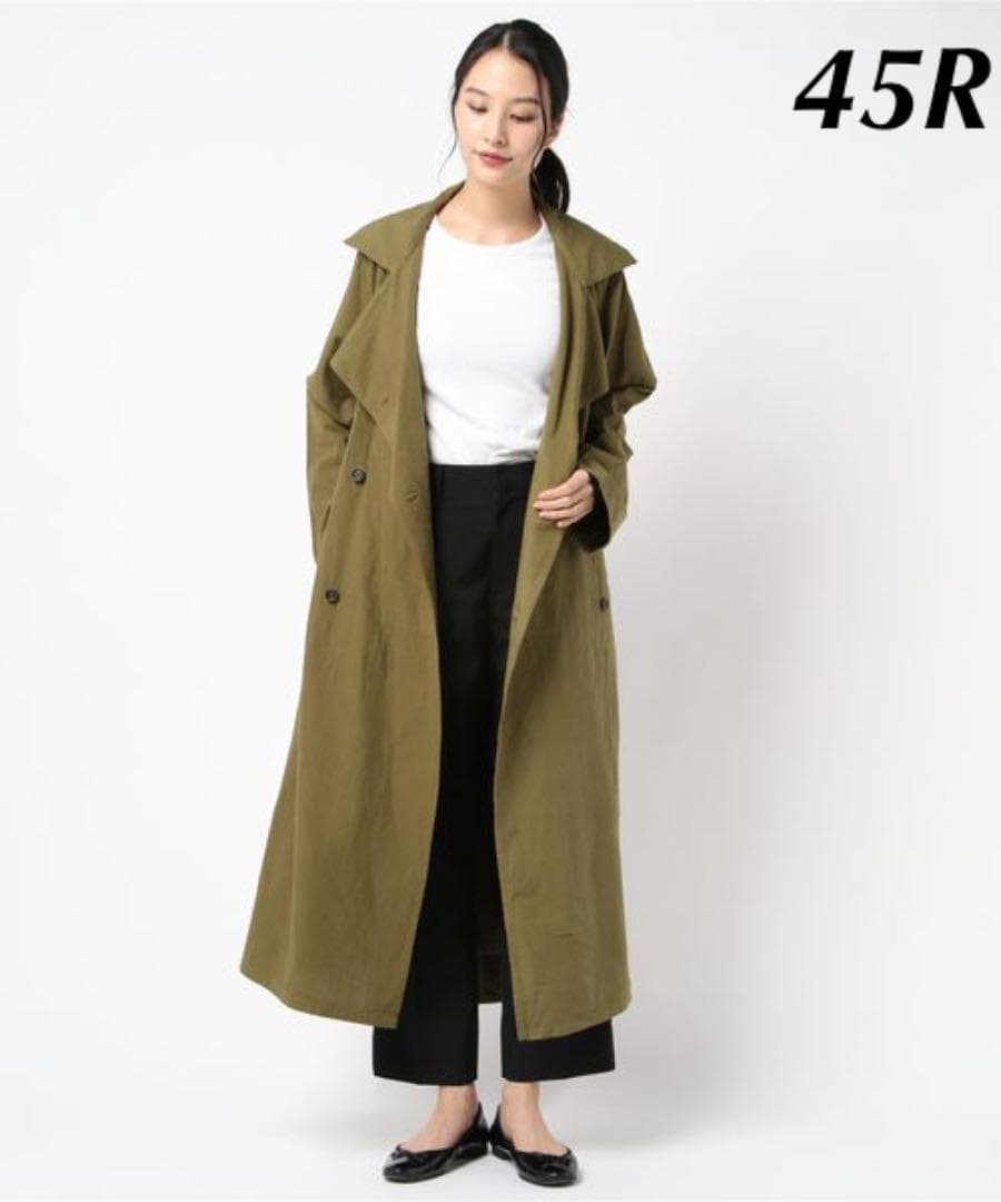 極美品　現行　45R もめん布の後染めコート　トレンチコート　カーキ　XL相当
