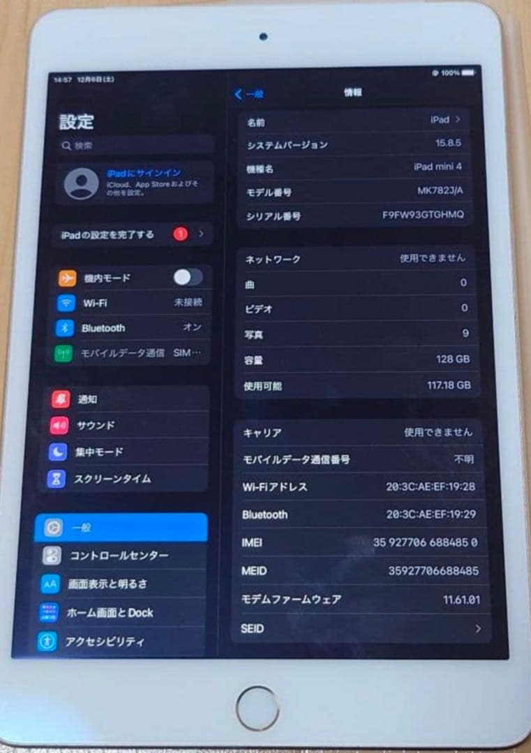 【平田】ipad mini4 第4世代 128GB SIMロック解除済