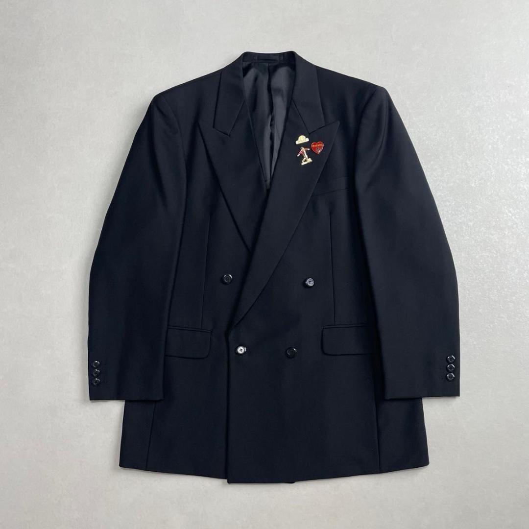 美品 90s セットアップ ブラック×ピンク ダブルスーツ 極上ウール