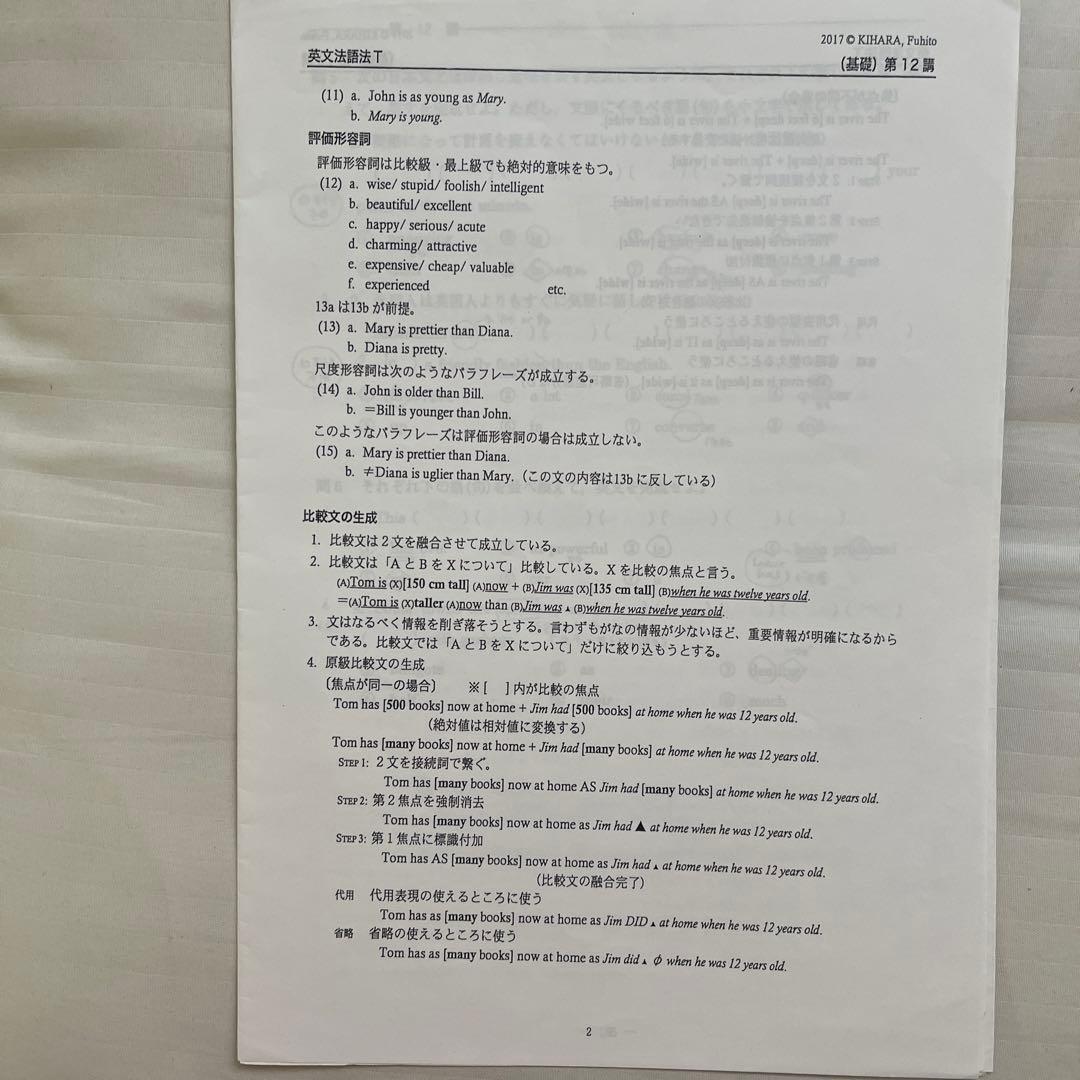 ①木原史先生　河合塾　基礎シリーズ　英文法　プリント