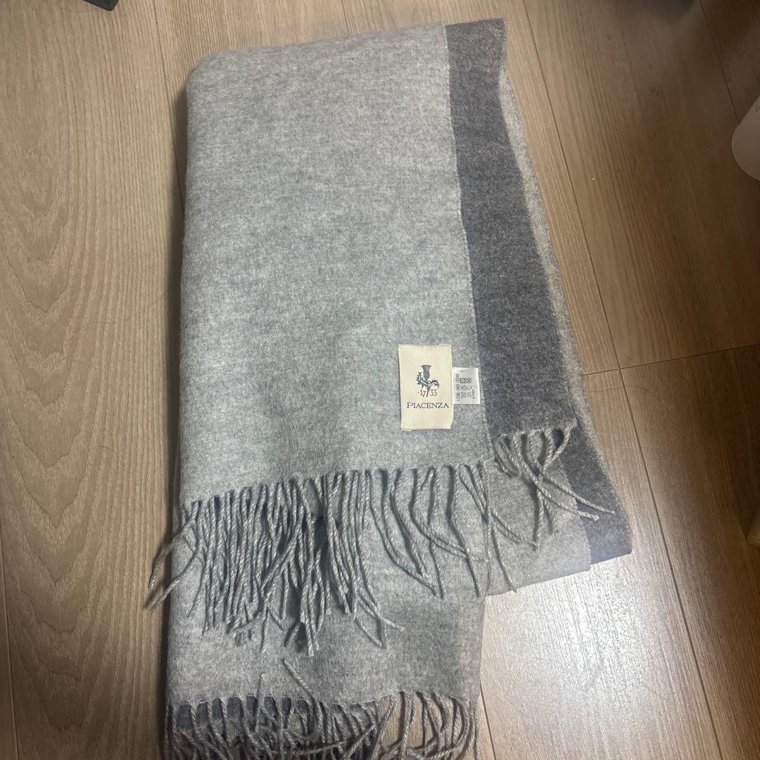 【美品】PIACENZA グレー系 ウールストール フリンジ付き