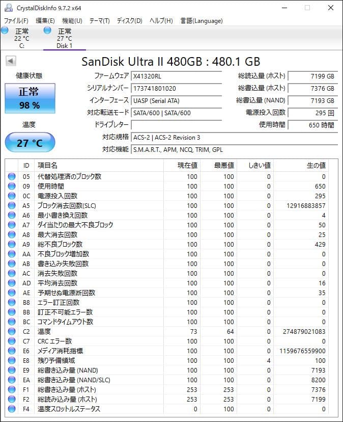 内蔵型SSD SanDisk Ultra II 480GB SSD 98% 020