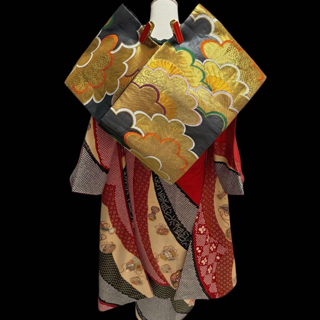 極上　超美品　振袖フルセット　絞り　刺繍　宝尽くし　成人式　151〜166