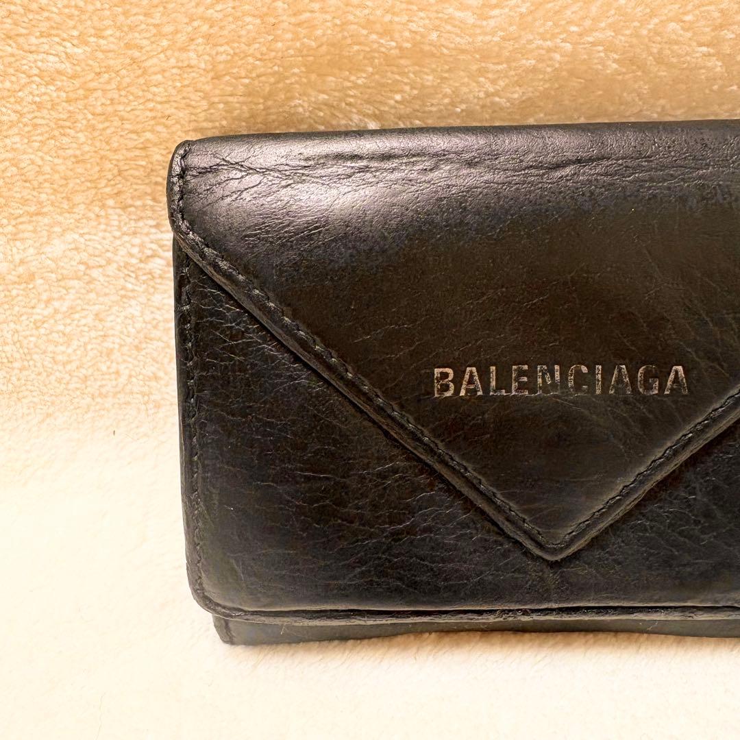 BALENCIAGA ペーパーミニウォレット 三つ折りレザー ブラック