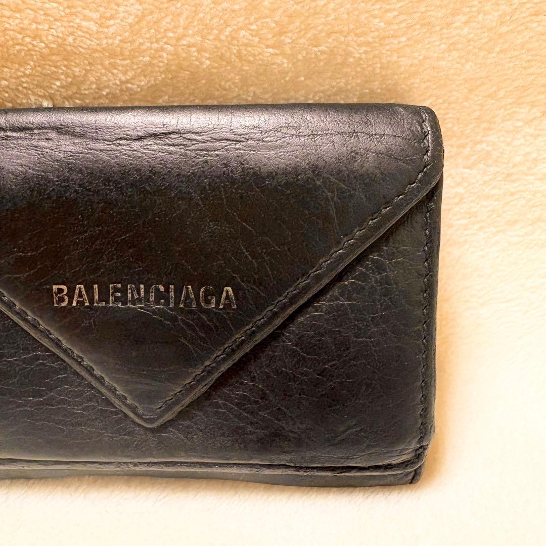 BALENCIAGA ペーパーミニウォレット 三つ折りレザー ブラック