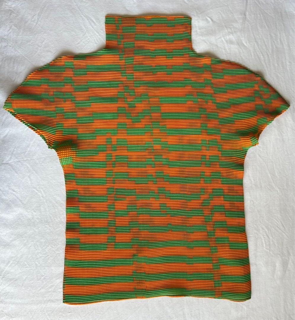 【美品】me ハイネックTシャツ オレンジ/グリーン ストライプ