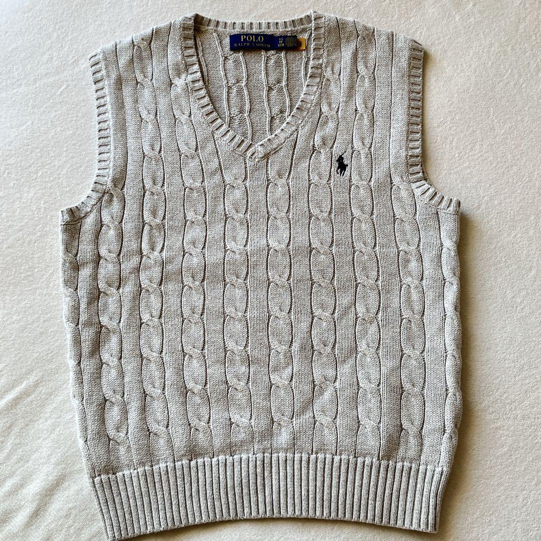 美品Polo Ralph Lauren ケーブルニットベスト ライトグレー