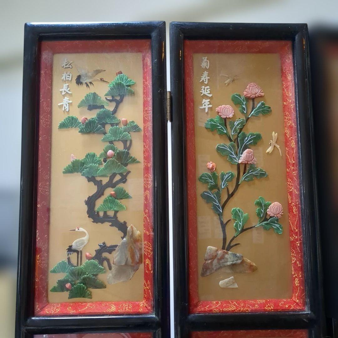 中国美術 玉石 屏風 4枚連結 衝立 置物